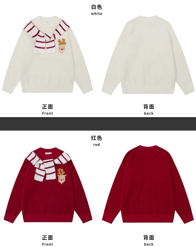 Weihnachtsweinrot/Weiß Süßer Rentier-Applikationsschal-Design Weicher Pullover