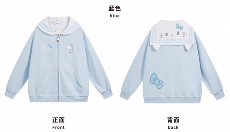 ピンク/ライトブルー/グレー/ブラック キティプリント セーラーカラー ジップ開閉 厚手スウェットシャツ