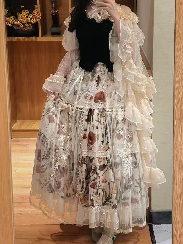 Beige Bell Sleeves Lolita Blouse Classic Off-the-Shoulder Elegant
