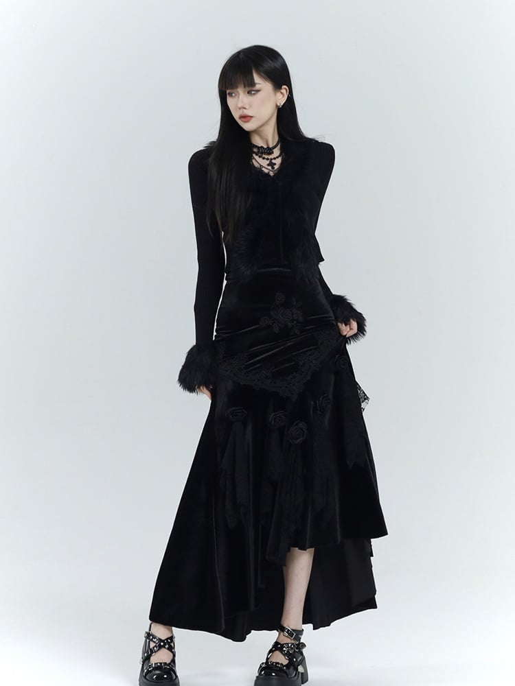 Gothic Schwarzer Samtrock mit Spitzenbesatz und Rosette