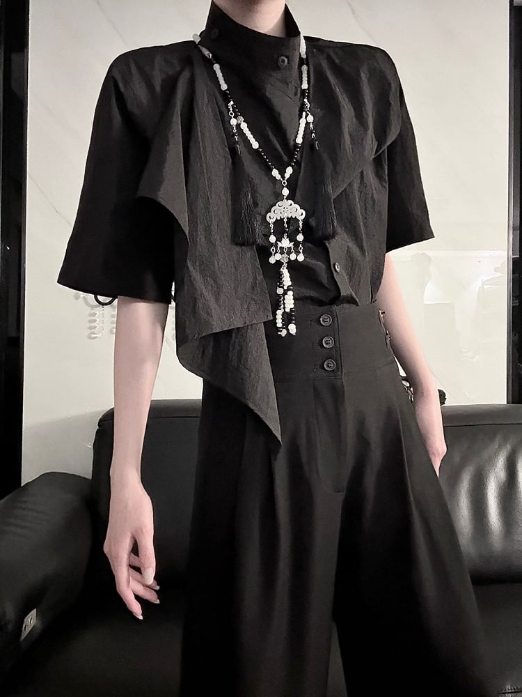 Gothic Style Black Asymmetrical Short Sleeve Shirt with Banded Collar - Aont