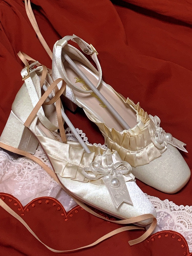 Lolita Elegant Ruffle Toe Tiered Square Sandals Off-white - Trim