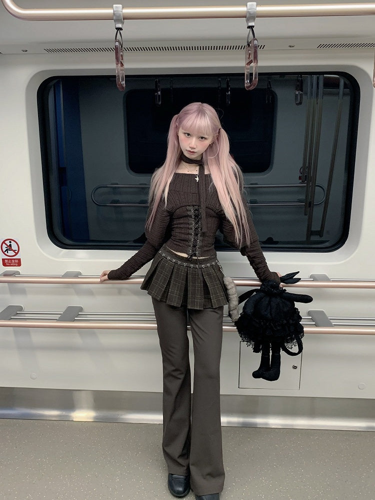 Pants Attached Pleat Box Tail Brown Charm Plaid with Skirt Flared