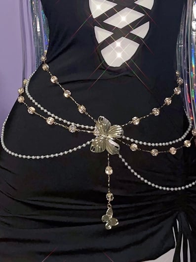Y2K Chain Butterfly Decorated White Beaded Waist