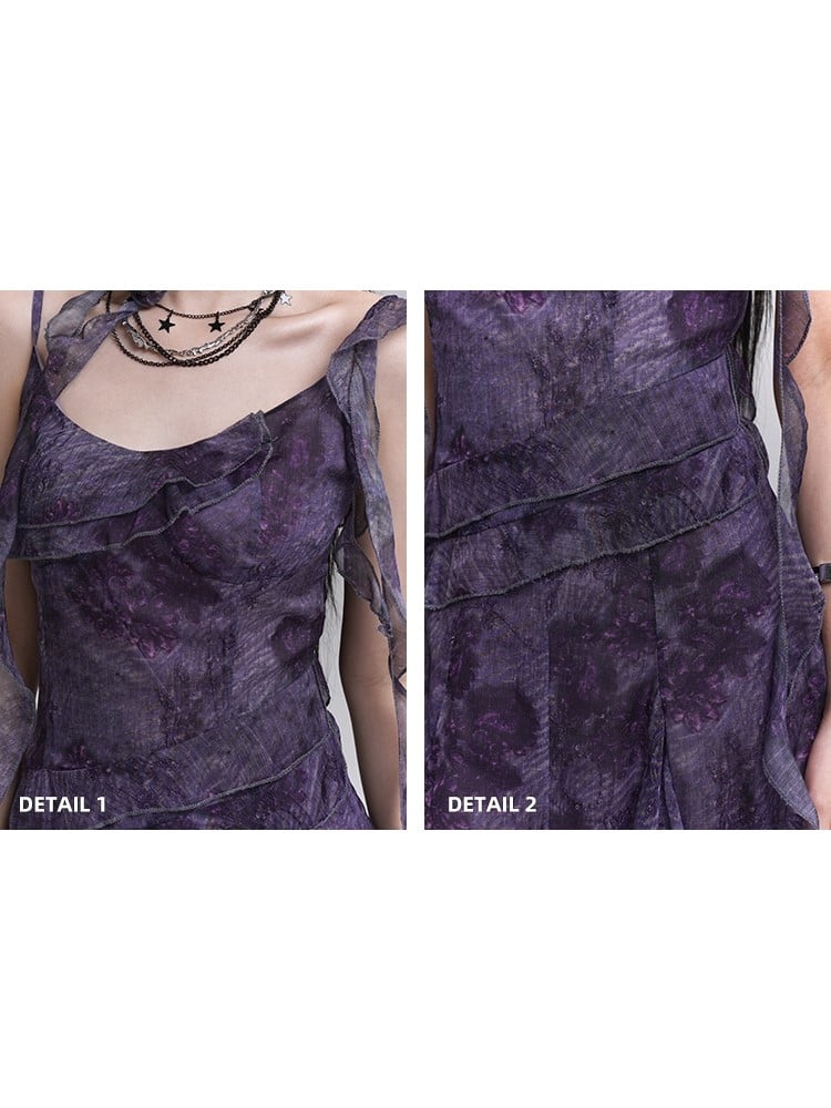 Flowing Strap Dress Matching Purple Handkerchief Neck Gothic Tie-Dye Hem with Ribbons Slip