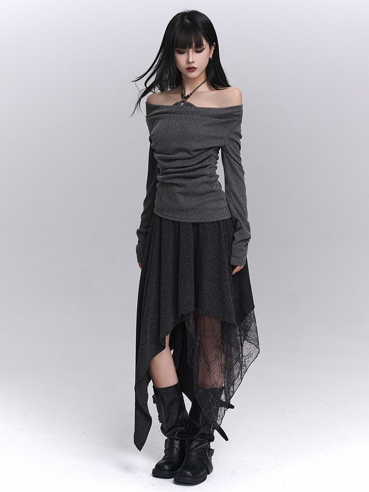 Ruched Halter with Gray Gothic Top Two-Piece Faux Design Off-the-shoulder Dark