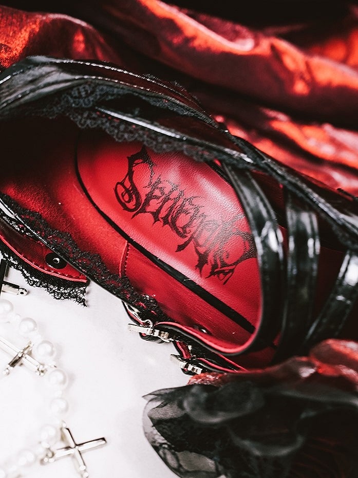 Gothic Black Pointed Toe Heels with Cross Heels, Beaded Strap & Rose Shoe Clips