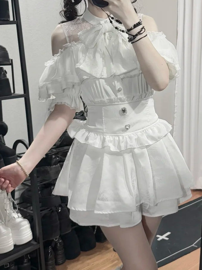 Jirai Tiered Jacquard With White Details Skirt Square Rhinestone Kei High-waist