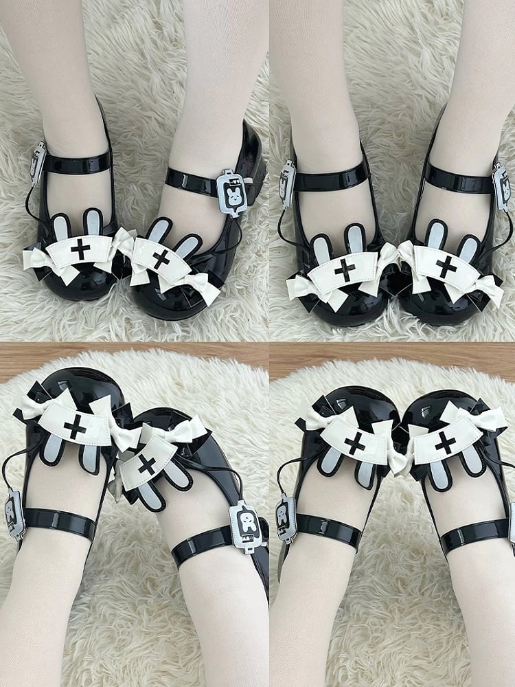 Sweet Black Lolita Mid-heel Shoes - PU Leather with Medical Bunny Motifs & Bowknot Details