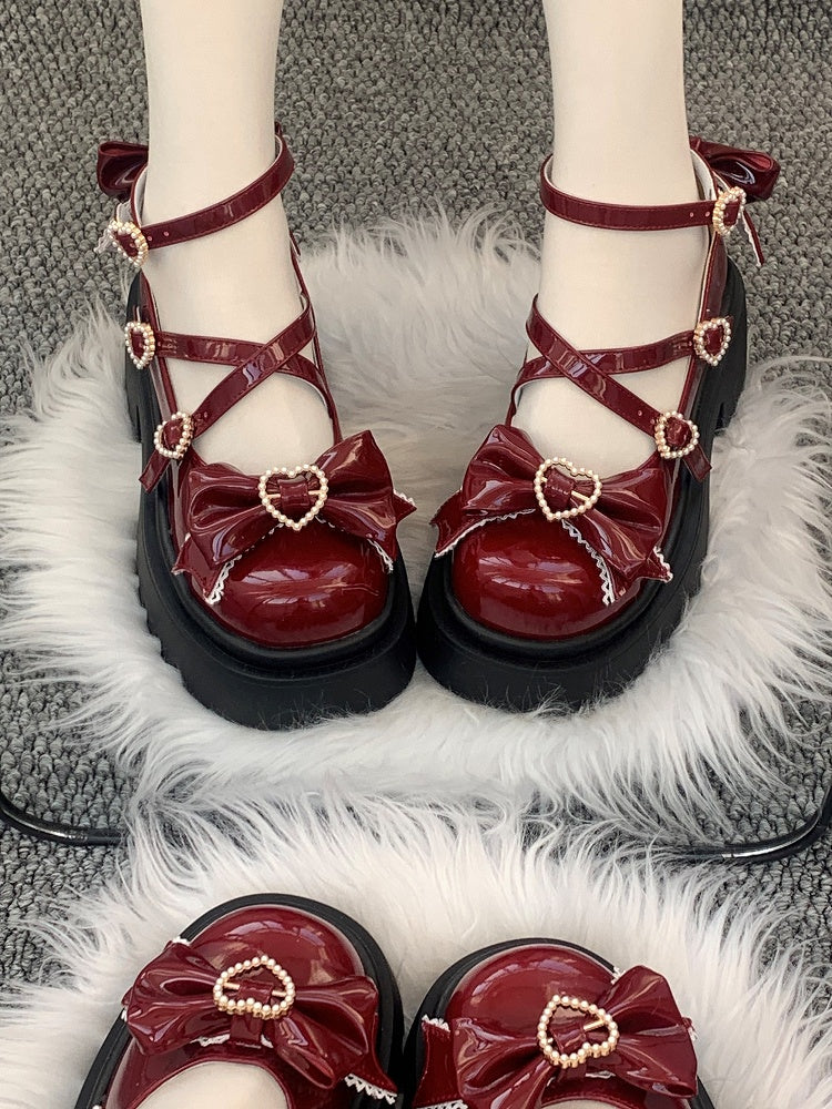 Sweet Jane PU Mary Wine Fastening Bow Red Snap Lolita Embellishments with Shoes Heart