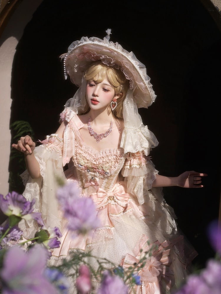 Hem Floor Pink Layered Waist Hanayome Dress Length Corset Floral with Embroidery Hime Lolita Version Long