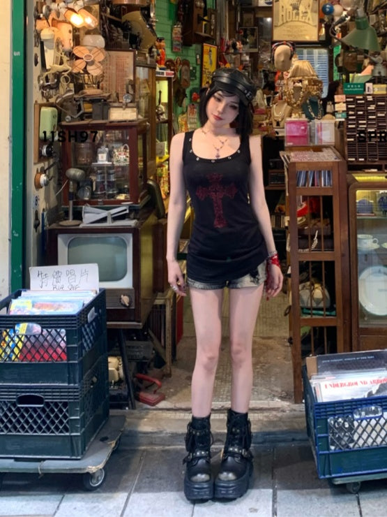 ネックラインタンクトップ ブラック スクープクロスプリント グラマラス