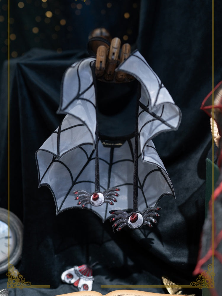 Spider Web Embroidery Brooch Organza and Butterfly Moth Fake Collar Detachable with Black White