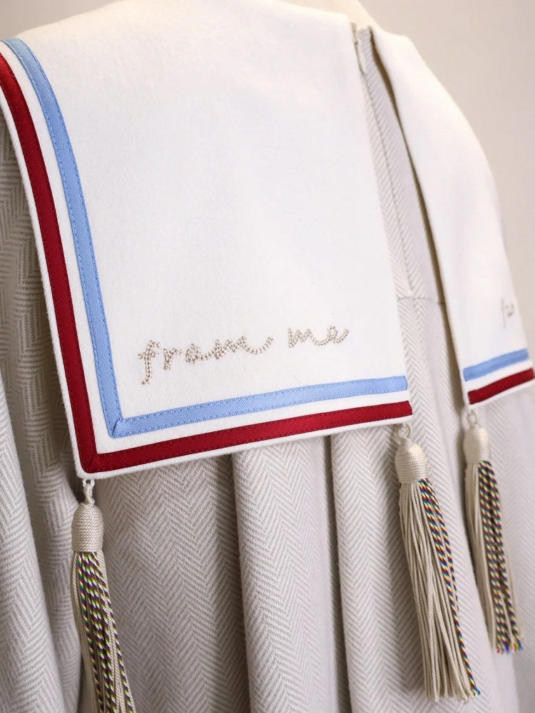 Beige Ouji Sailor Theme Lighthouse Embroidery Sailor Collar Top with Contrast Trim