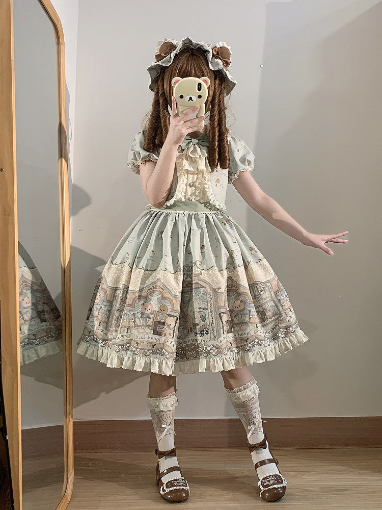 Grünes süßes Teddy-Lolita-Kleid, gefälschtes zweiteiliges Design