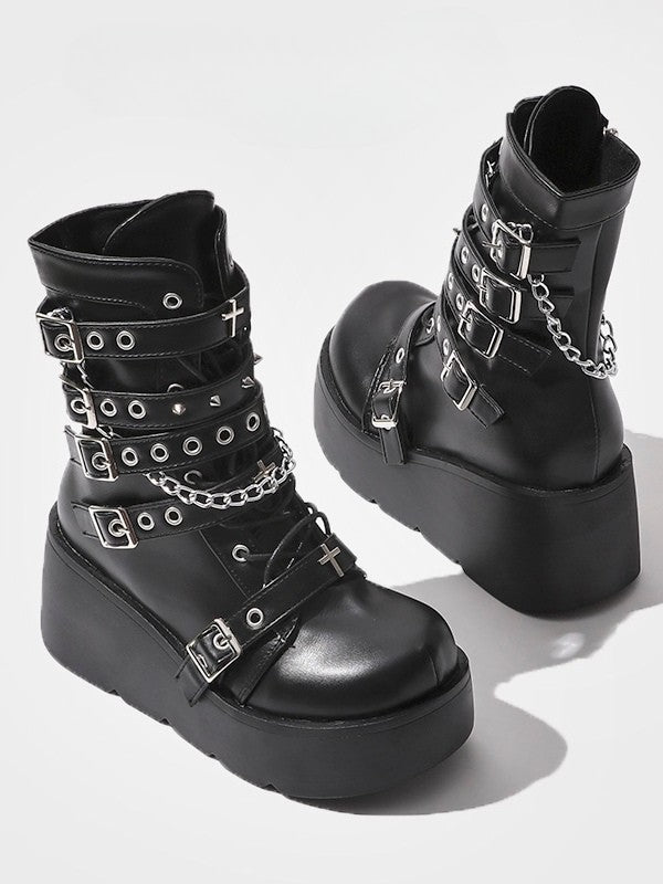 with Matte Gothic Platform Boots - Details Mid-Calf Black Charm Closure Buckle Lace-Up Cross and Chain