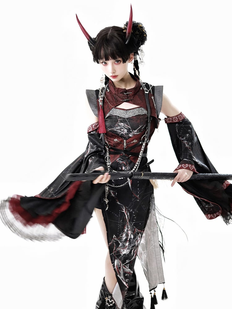 Lace-Trimmed Accents Detachable and Sleeves with Red Black Tassel