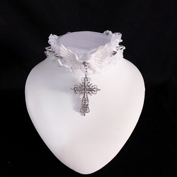 Cross Studs and Choker Pendant Gothic Black/White with Lace Ruffled