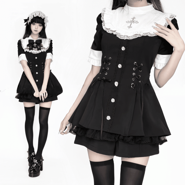 mit Stil Kurzes Jirai - Ärmel und Lätzchen Kei Weißes Kleid Krawattenset Schwarze Nonnenschleife