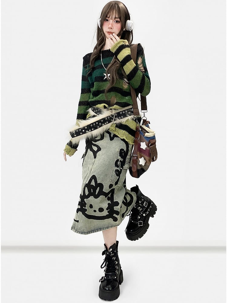 And Y2K Bowknot Kitty Skirt Denim Print Blue