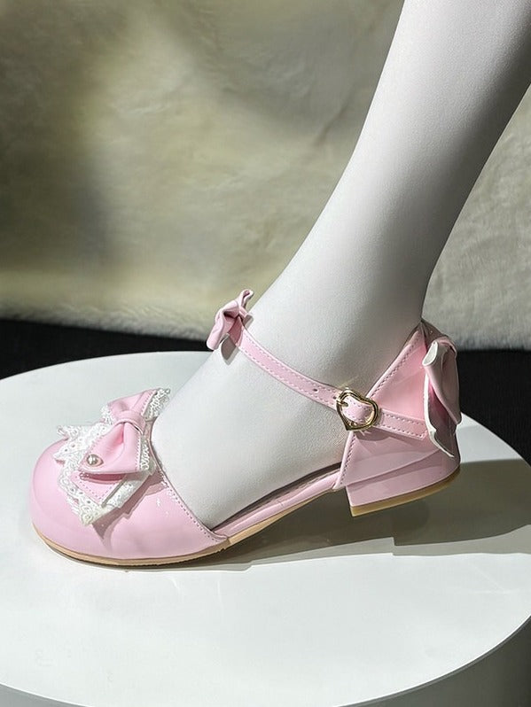 Pastel Pink Bow-Embellished Low Heel Mary Janes with Lace Accents - Fairy Godmother