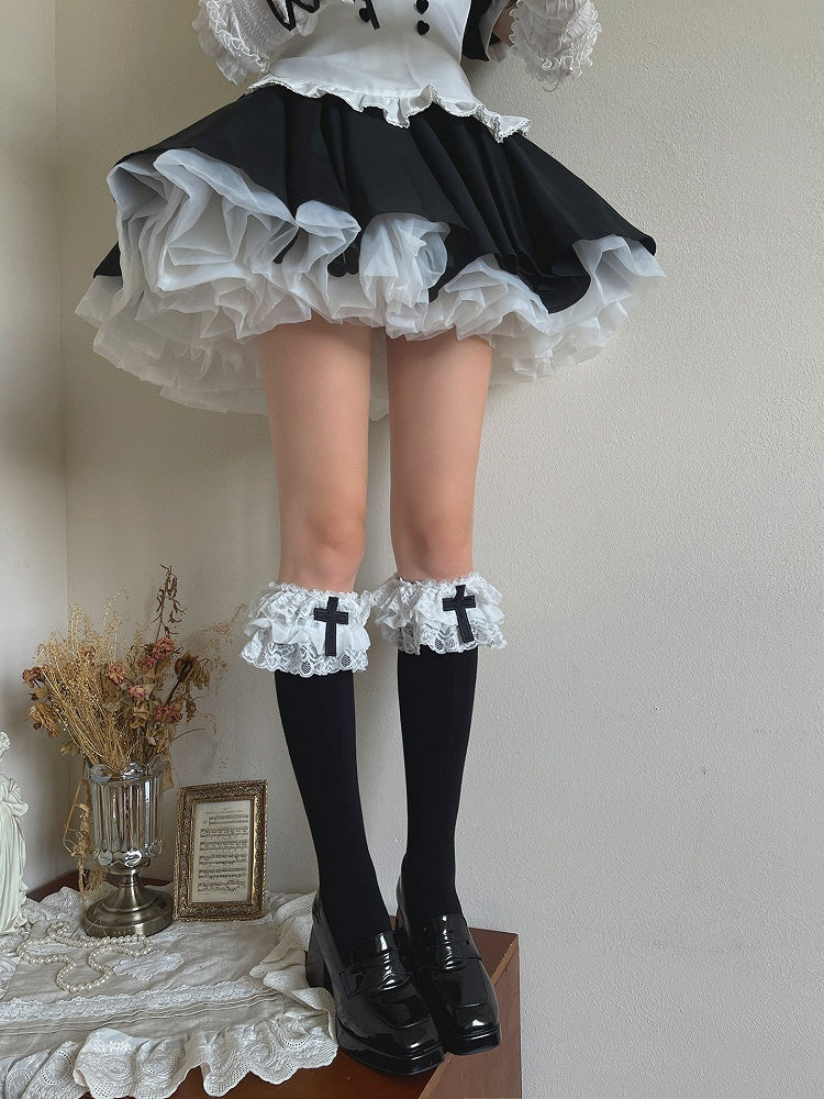 Ruffled Lolita Decoration Sockswith Gothic Calf BlackWhite Cross 3-Layer
