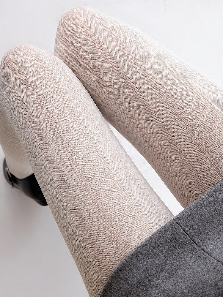 Pattern Creamy Heart Tights White Stripe