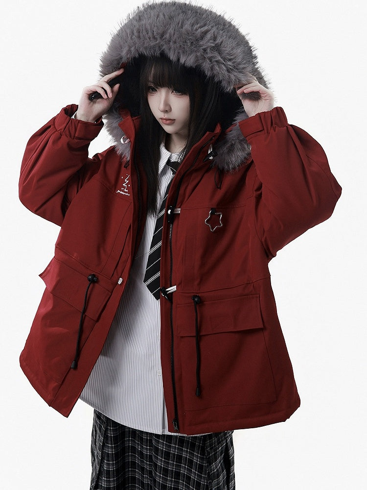 Winter Unisex Trim Red Parka Hood with Plush