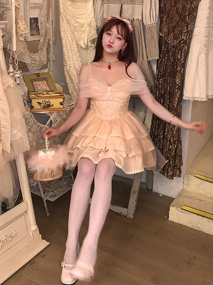 Bow Skirt Off-Shoulder Champagne Straps Dress with and Big Beaded Tiered