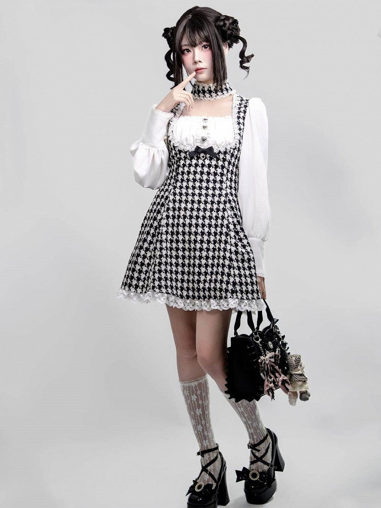 Kei Design Long One-Piece with White Details Black Dress Choker Houndstooth Jirai Lace Sleeve