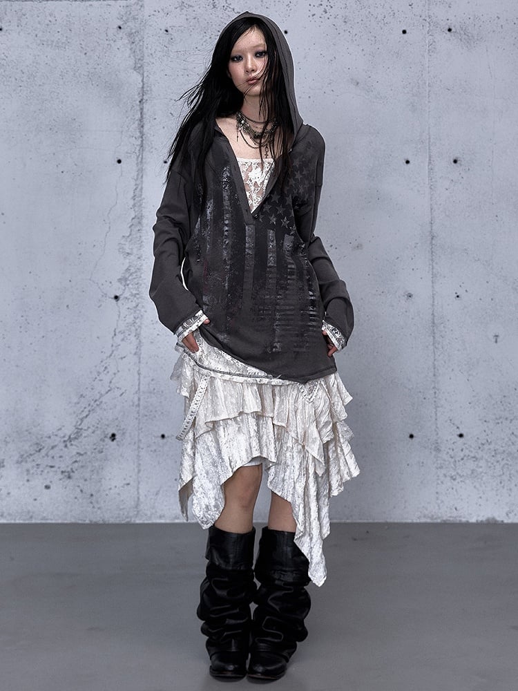 Hooded V-Neck Gray Dark with Loose Top Version Two-piece