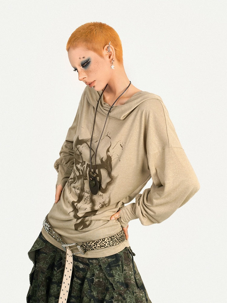 Wasteland Style Cowl Neck Cross Print Long Sleeve Hoodie with Ruffle Details
