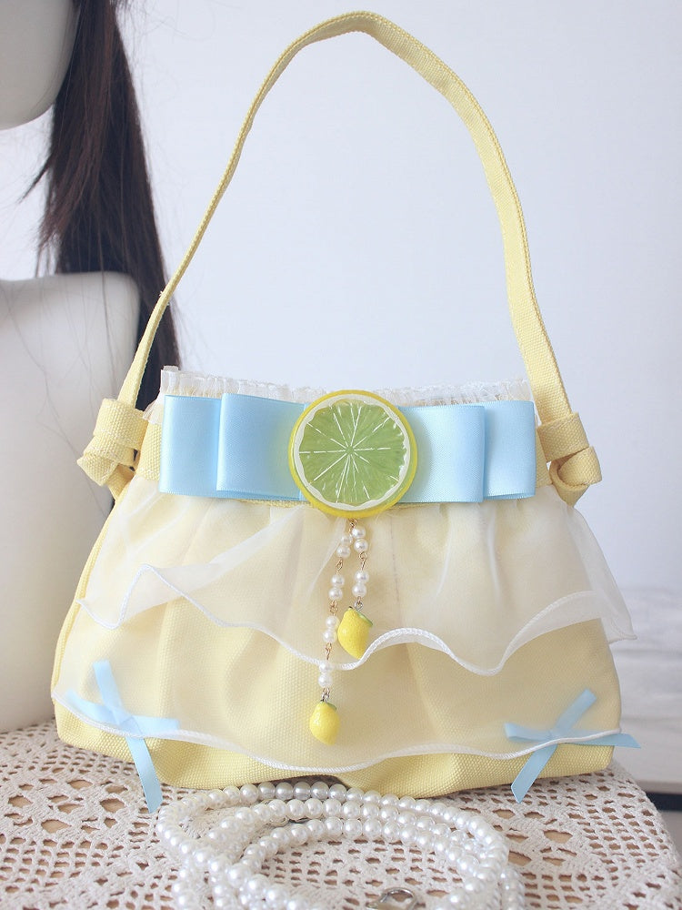 Detail with Blue Decorated + Shoulder Yellow Lace Lemon Bag Hand Bowknot Beaded Strap