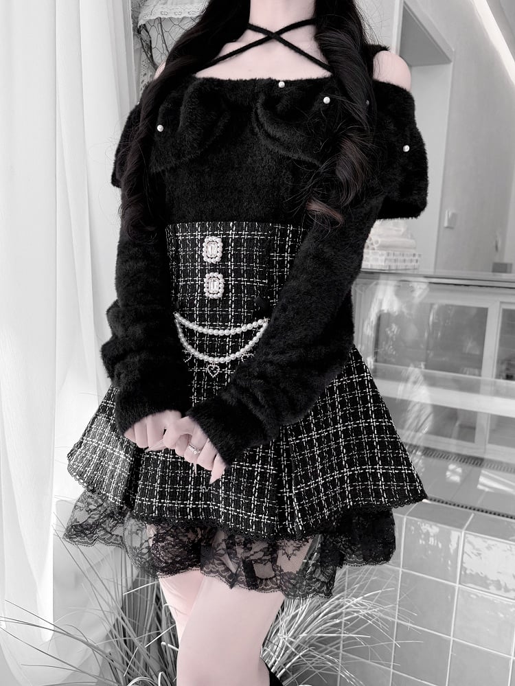 Jirai for a Kei Plush Convertible Sweet 2-in-1 Mink Bow Black Collar Sweater: Look Sophisticated