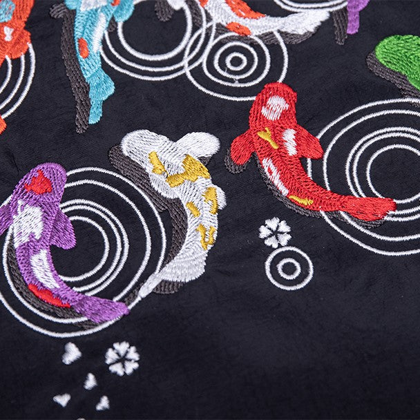 Trendy Koi Black Tote Bag With Zipper Closure And Drawstring Strap Lucky Embroidery