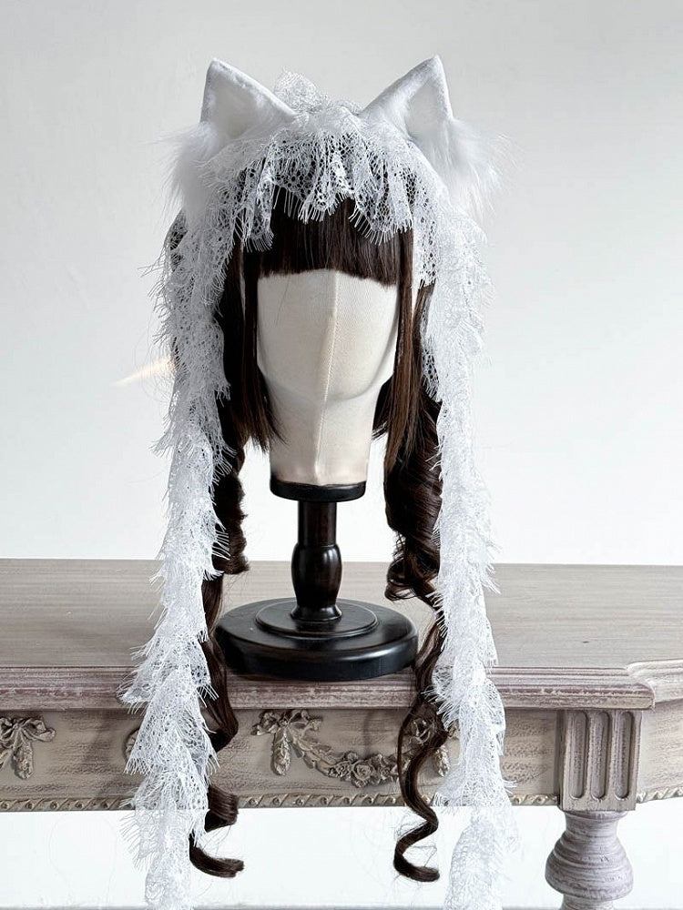Feather-like Cat-ear Gothic and with Lace Tails Decorations Hairband Black/White Flowing