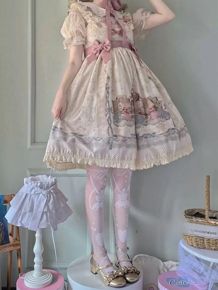 Weiß/schwarze Overknee-Strümpfe mit Teddybär und Herz