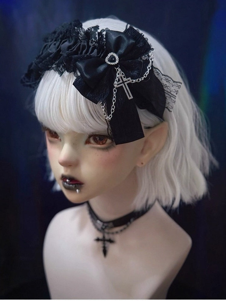 Dark Gothic KC Headband with Layered Bow and Ruffled Lace - Strange Sugar