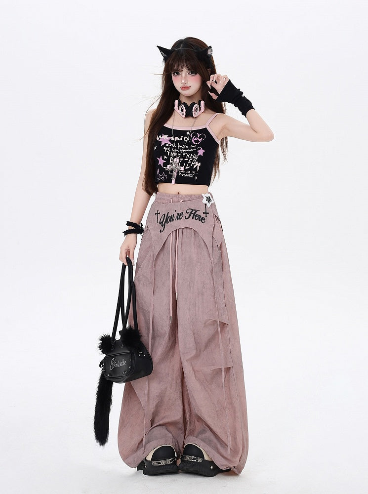 Waist Asymmetrical Pants Punk Accessory Dusty Pink Drawstring Waist Wasteland with