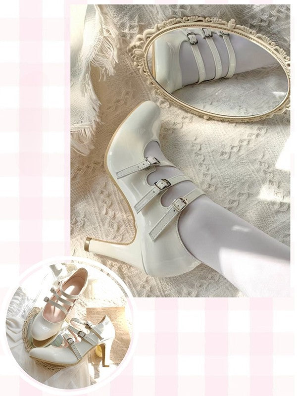 Strap Lolita White Heels Triple with Buckle Elegant Design Polished