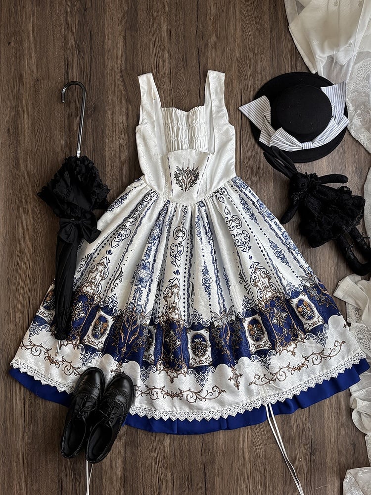 Lolita Candelabras Bat Dress Blue Print White JSK Wings Gothic Dark Drawstring