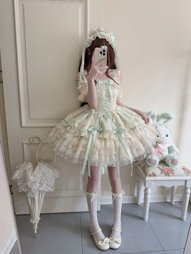 Bow Ballet-Style Details Multi-Layer Dress Cute Lace / JSK with + Ribbon Princess Train Large Green Skirt Only