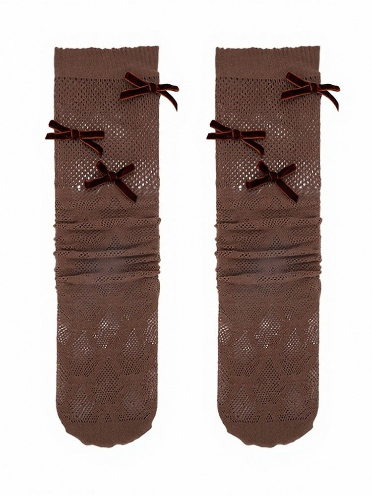 4-Color Ribbed Mesh Calf Socks with Bow Decoration - ModaSwings