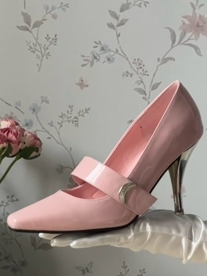 Absätze an der Spitze, hoher Mond, Knöchel, eleganter Klettverschluss, rosa Schnürung + spitze Verschlüsse – Lolita-Akzent