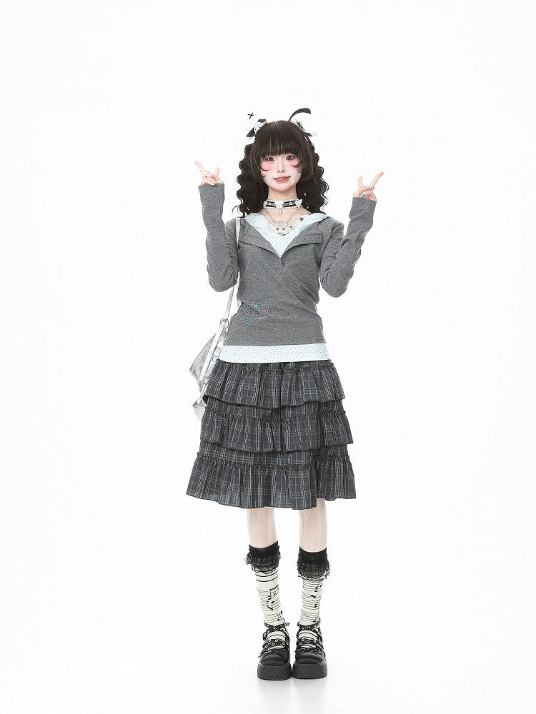 Ruffle Daily Embroidery Plaid Skirt Kawaii With Gray