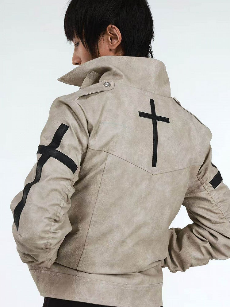 Genderless Punk Milk White Double-Breasted Decorative Faux Leather Jacket with Cross Pattern - DETW OnLine