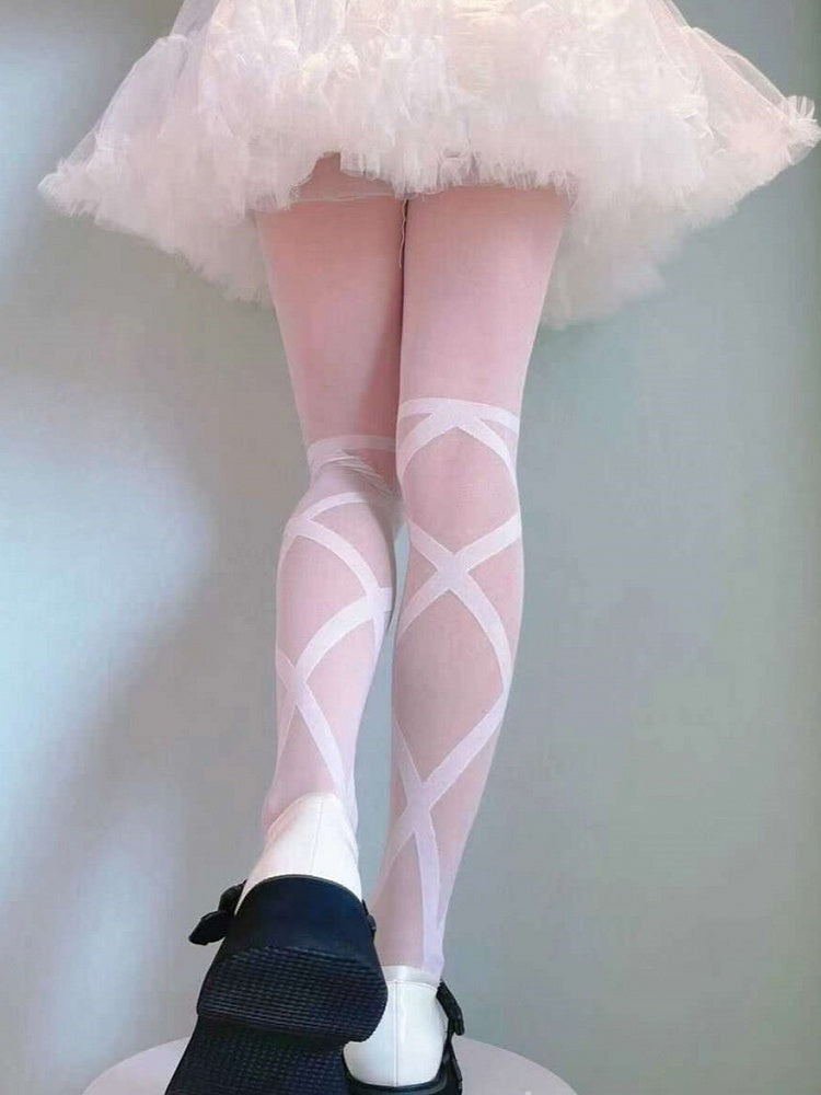 Black/White Lolita Pantyhose Semi-sheer Banded Crisscorss Print