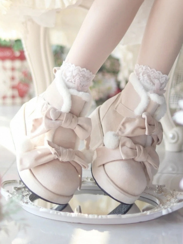 Lining Boots Apricot Design Fleece Heart Platform Bow Sweet Details Cozy Winter Accents