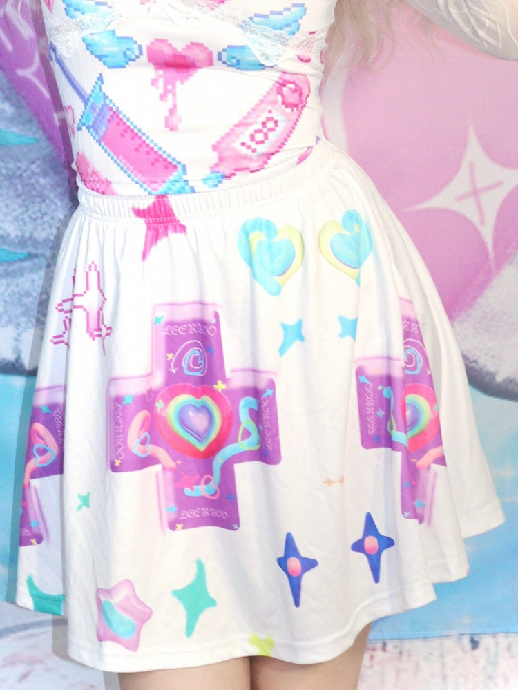Cross Heart Print And White/Black A-Line Star Skirt