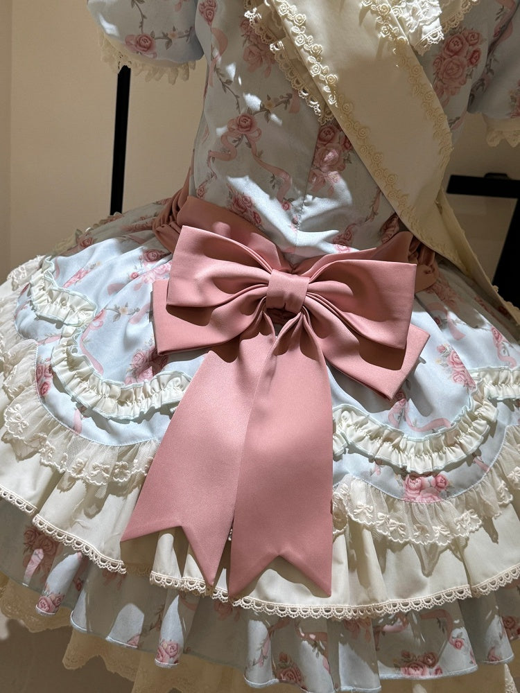 Blue Floral Short Sleeve OP Dress with Bows - Sweet Dream Box